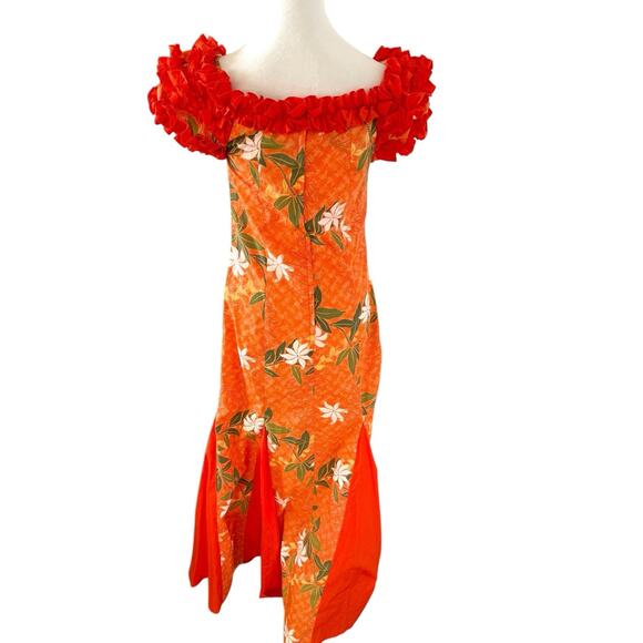 T&L Muumuu Factory Orange Puff Sleeve Vintage Hawaiian Aloha Dress Floral Ruffle - Picture 8 of 13